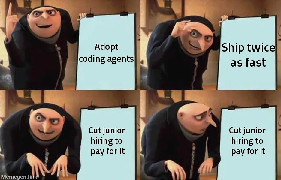 Gru presentation meme: adopt coding agents, ship twice as fast, cut junior hiring to pay for it
